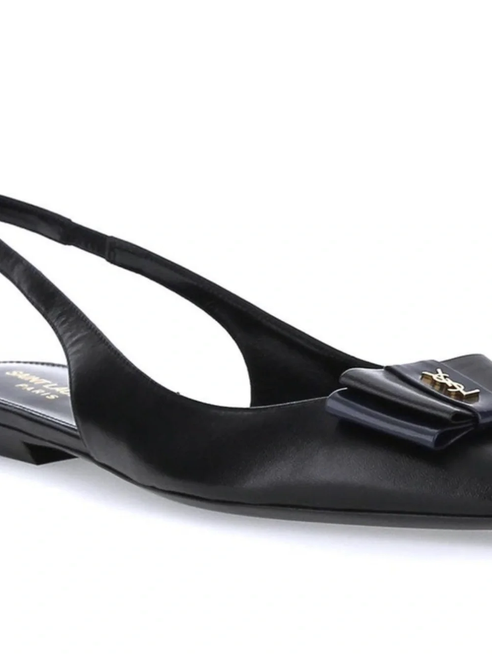 Yves Saint Laurent Anais Black Pointy Slingback Flat with Bow and Gold Logo